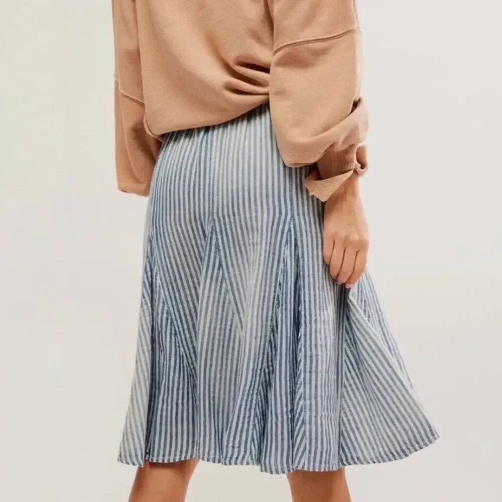 Free People Blue Summer Stripe Candace Midi Skirt Sz M